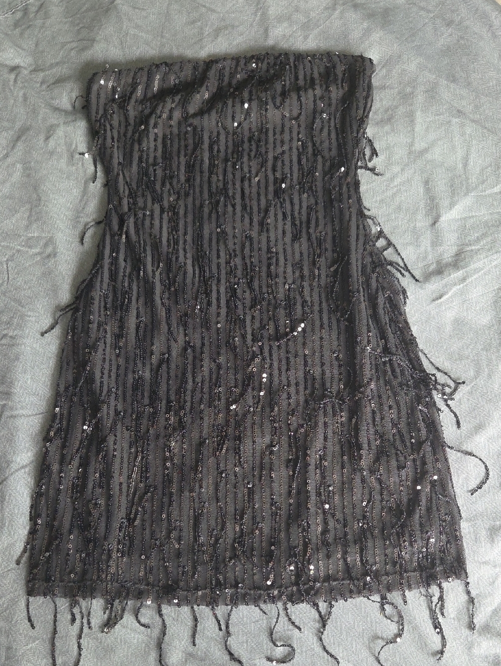 Black Sequin Fringe Strapless Dress
